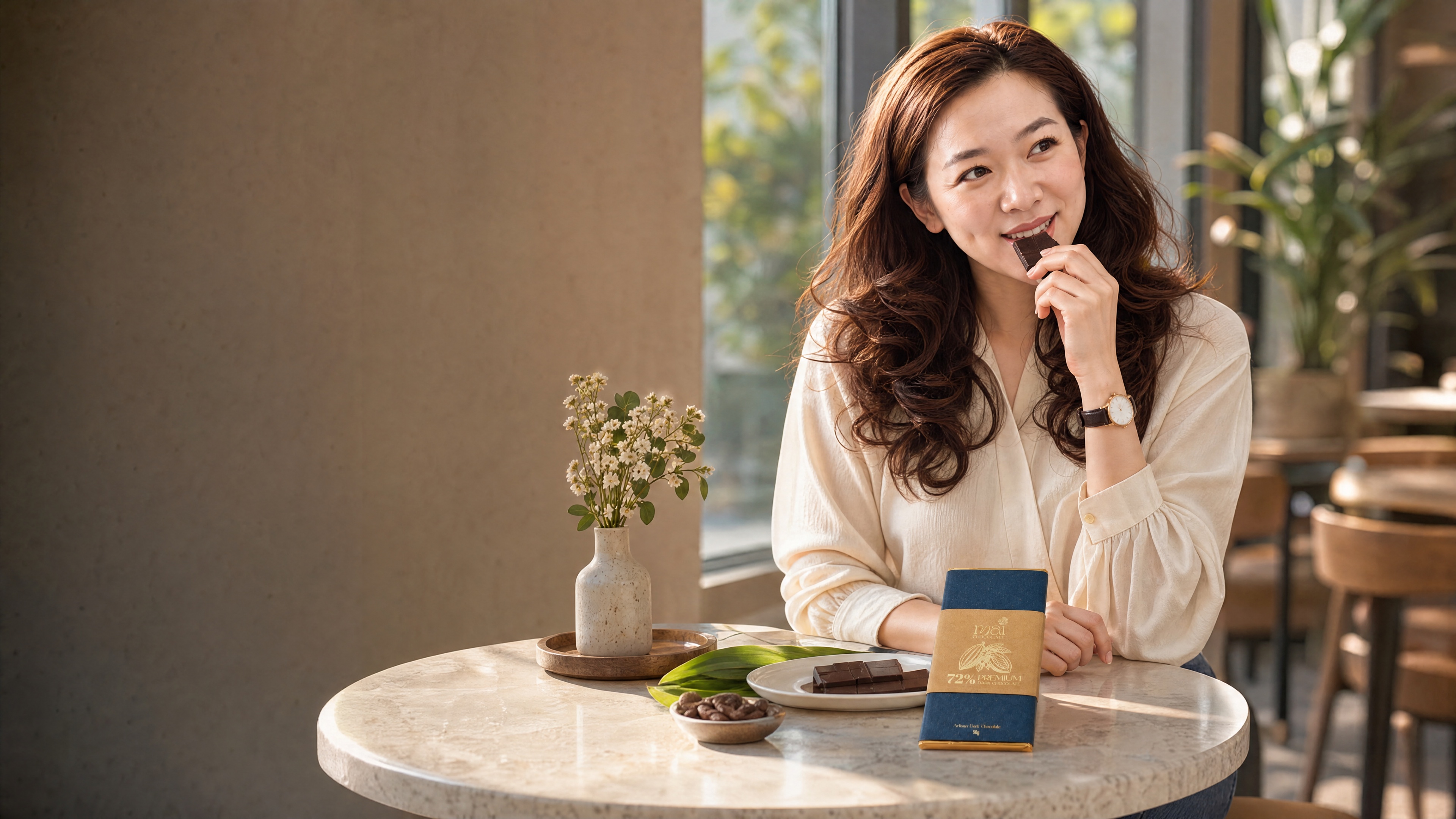 KOL Thảo Liên mỉm cười thưởng thức MAI Chocolate trong quán café buổi sáng
